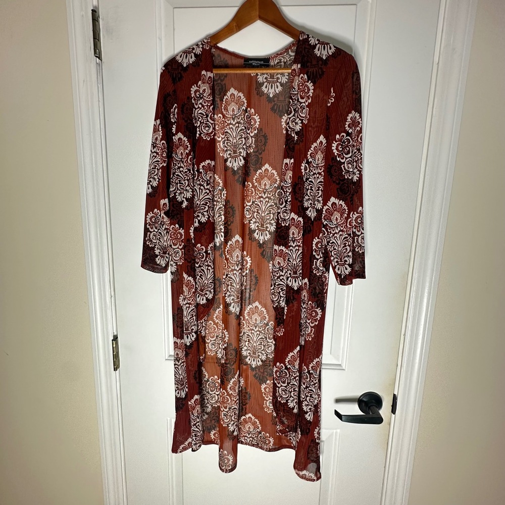 R&M Richards Woman Rust Damask Pleated Sheer Duster Jacket 14W Made in USA